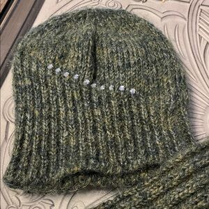 Green Knit Beanie with Rhinestone Detail